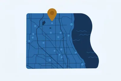 stylized map of Lake County, Illinois with a marker on the Gurnee area