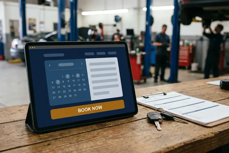 auto repair website with an online appointment booking calendar shown on a tablet at the service counter