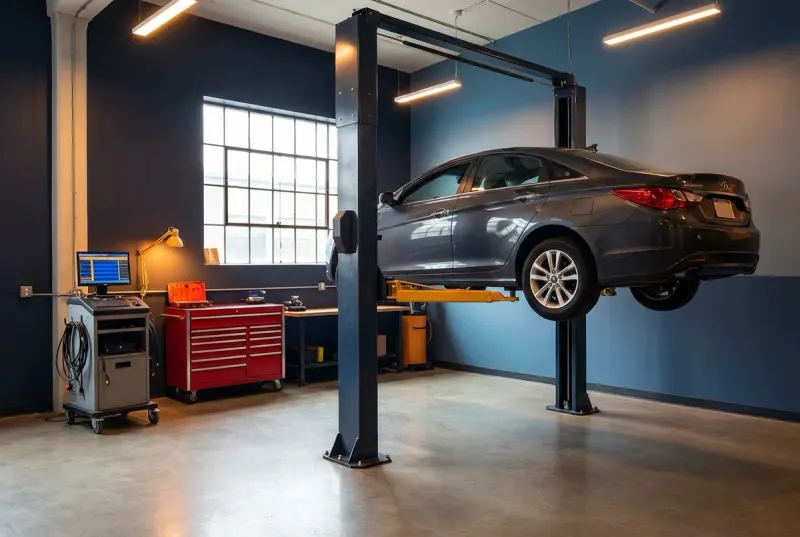 clean auto repair shop bay with a sedan on a two-post lift