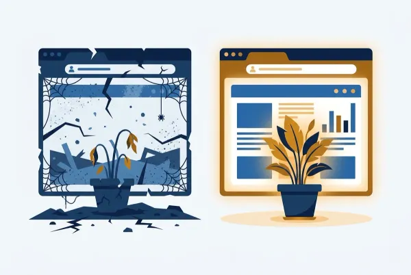 illustration comparing a neglected website with a cared-for, well-maintained website