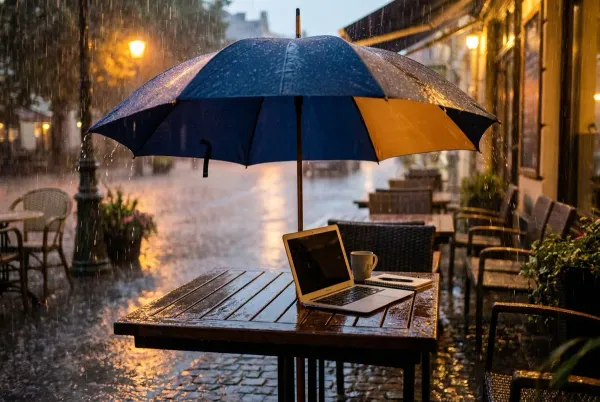 laptop kept perfectly dry under a navy and amber umbrella while heavy rain falls all around