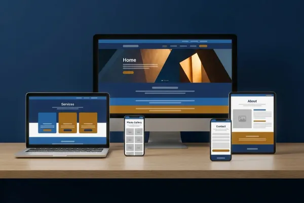 the five pages of one website (home, services, about, gallery, and contact) shown across a desktop, laptop, tablet, and phones