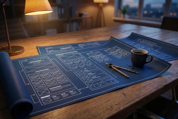 website wireframe blueprints unrolled on a wood table with a brass drafting compass under warm lamplight