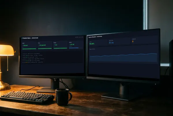 night operations desk with two monitors showing a passing production deploy pipeline and a 99.99 percent uptime dashboard