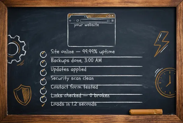 chalkboard maintenance checklist for a website with every item ticked: backups, updates, security, forms, links, and speed