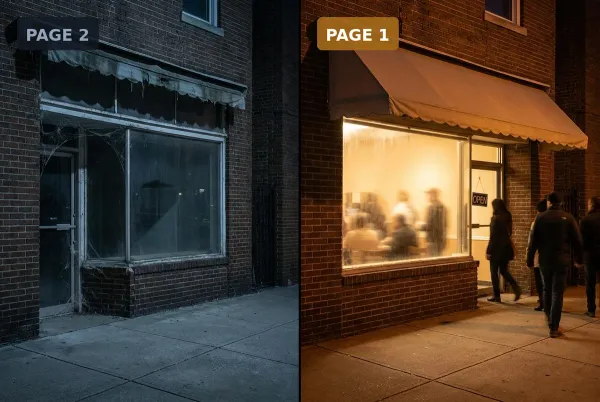 the same storefront shown twice: dark and forgotten labeled Page 2, warm and full of customers labeled Page 1