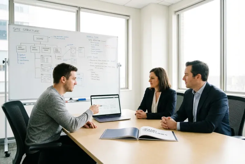 website design kickoff meeting with attorneys and designer