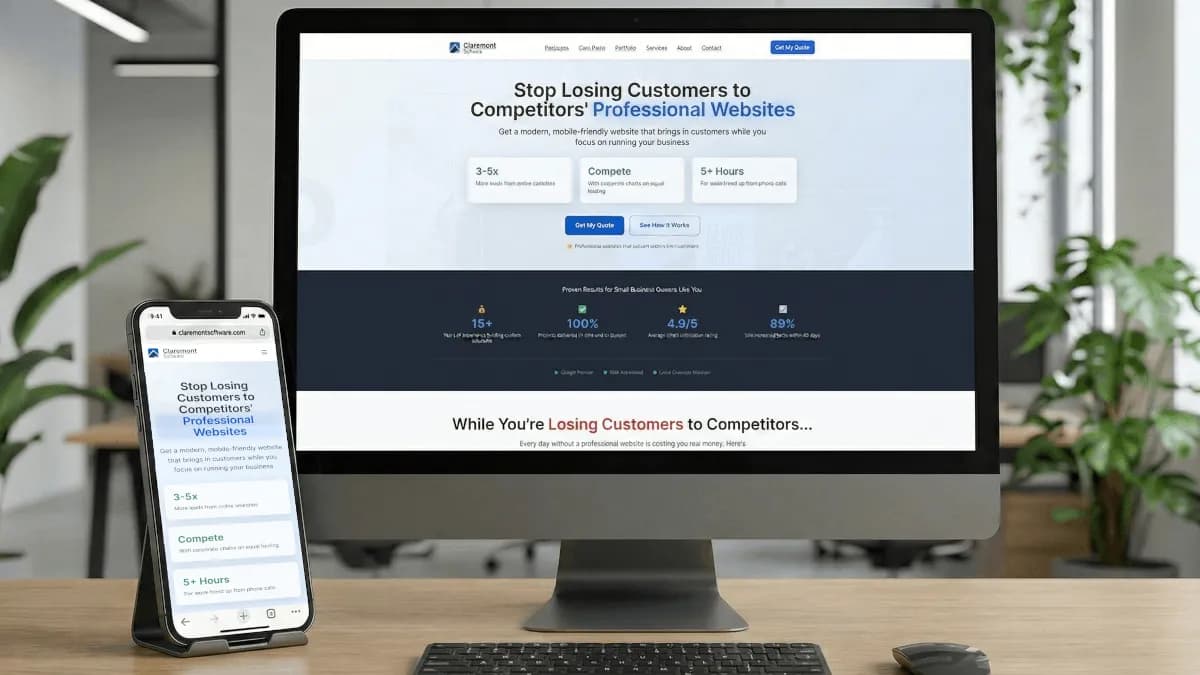 Responsive website design displayed on desktop computer and mobile phone showing how your website looks across all devices