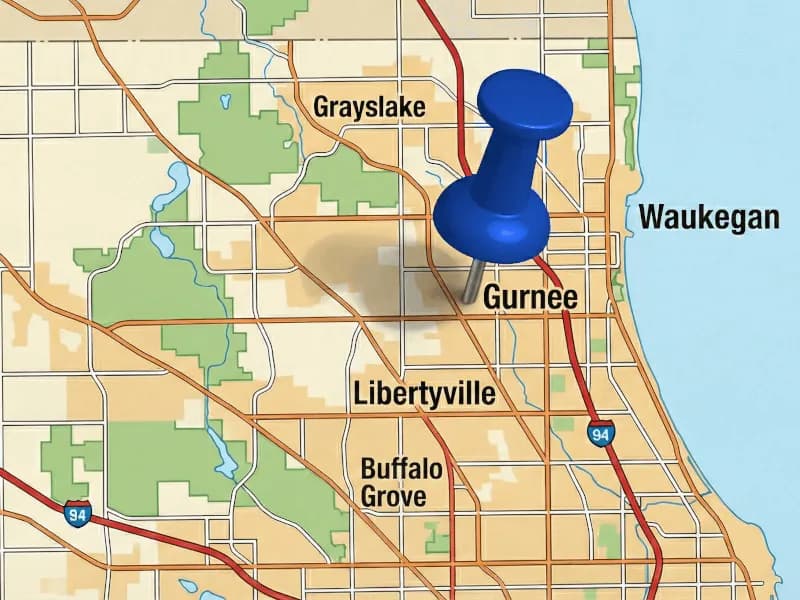Map of Lake County, Illinois showing Gurnee and surrounding areas including Waukegan, Libertyville, Grayslake, and Buffalo Grove