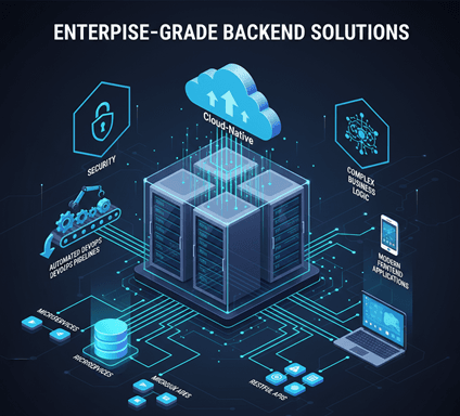 Backend development infrastructure illustration with circuit boards, database icons, API endpoints, and server architecture visualized in a technical network diagram