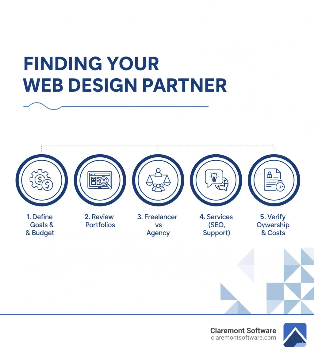 Infographic showing 5 key steps to finding the right web design partner: 1) Define your business goals and budget, 2) Review portfolios for quality and relevant experience, 3) Compare freelancers vs agencies based on project scope, 4) Ask about services including SEO services and ongoing support, 5) Verify ownership terms and long-term costs - web design company near me infographic 