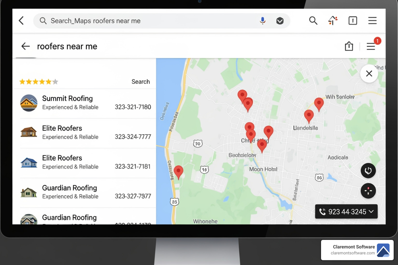 Image of a Google Maps search result for "roofers near me" showing top-ranked businesses - best roofing contractor websites