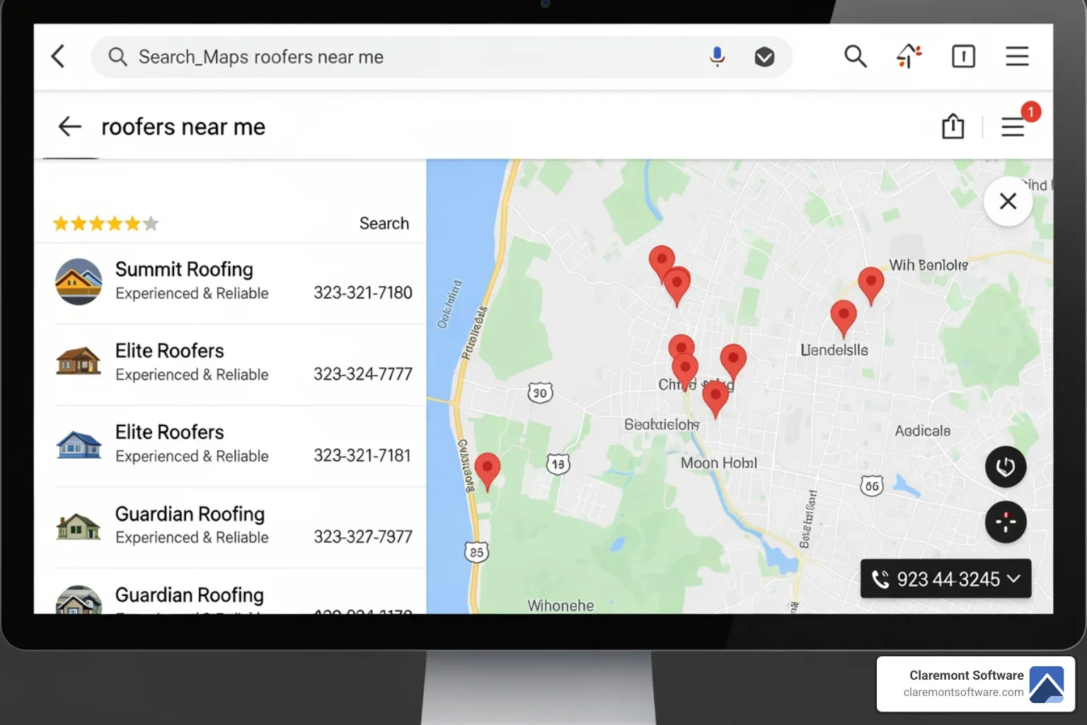 Image of a Google Maps search result for "roofers near me" showing top-ranked businesses - best roofing contractor websites Image of a Google Maps search result for "roofers near me" showing top-ranked businesses - best roofing contractor websites