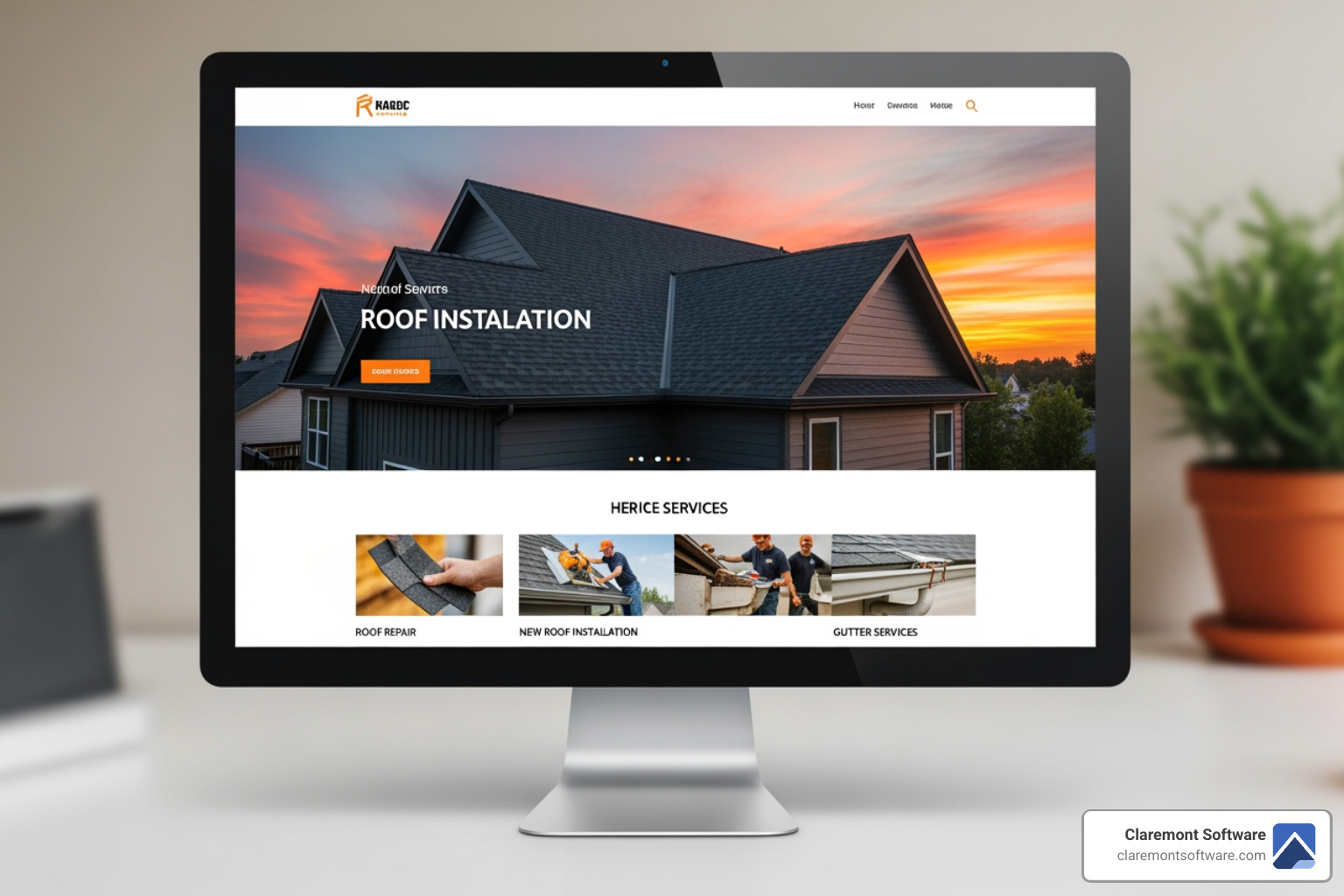 Image of a website header with a clear "Get a Free Estimate" button and a clickable phone number - best roofing contractor websites