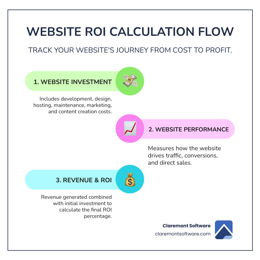 Infographic showing the website ROI calculation flow: Website Investment (Development + Hosting + Marketing + Content) flows to Website Performance (Traffic + Conversions + Sales) flows to Revenue Generated, which combines with initial Investment to calculate ROI Percentage - calculate website roi infographic infographic-line-3-steps-colors