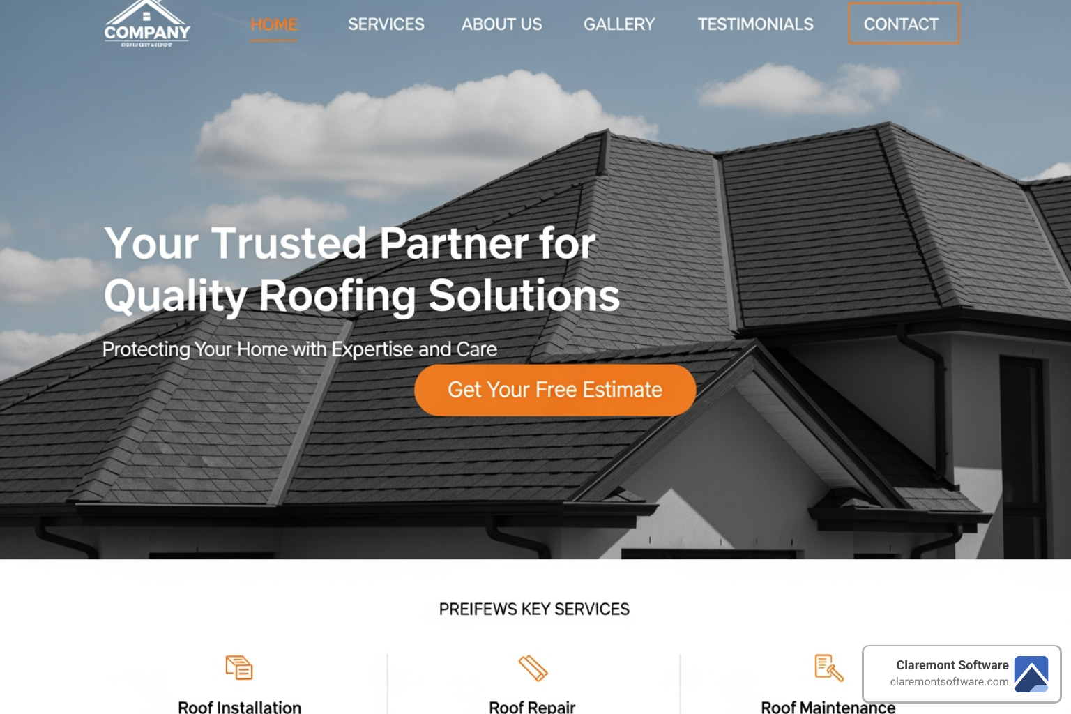 a screenshot of a roofing website homepage with a large, bright "Get Your Free Quote" button prominently displayed in the hero section - roofing company website design