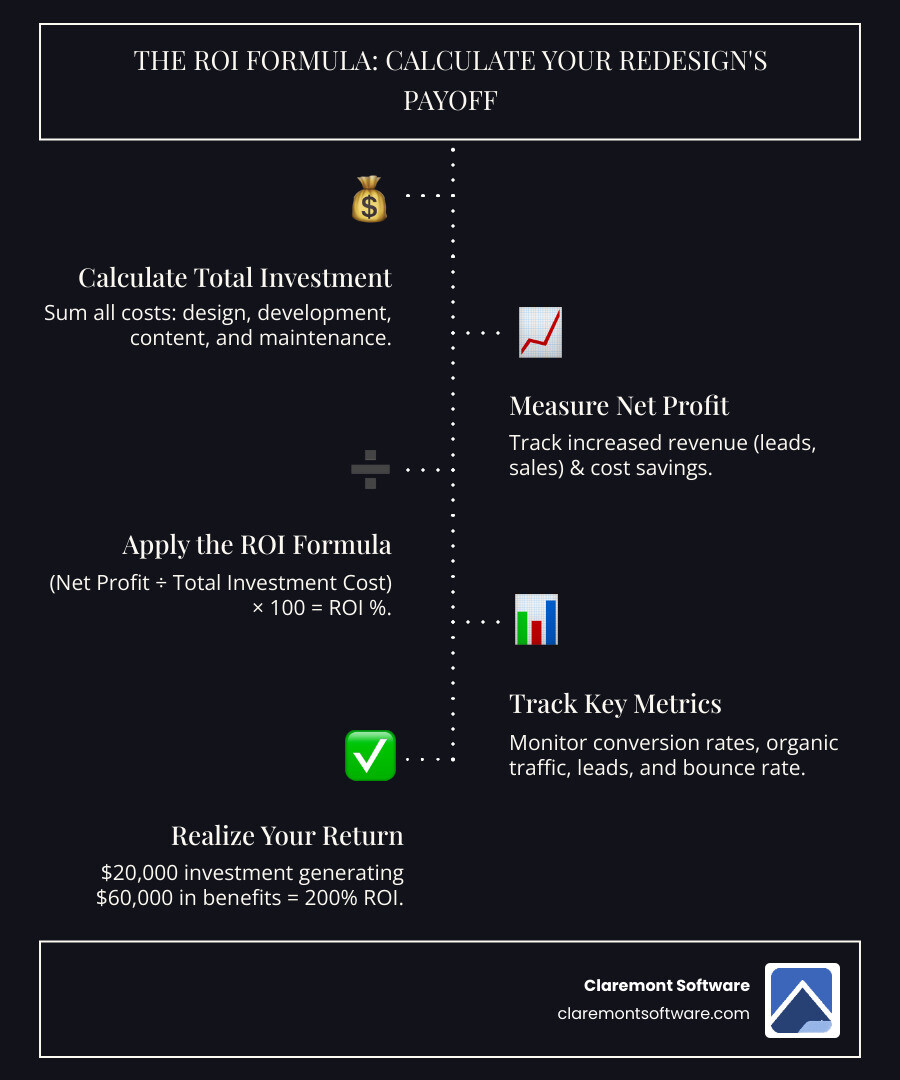 Infographic showing the website redesign ROI calculation process: Step 1 - Calculate total investment including design, development, content and maintenance costs. Step 2 - Measure net profit from increased revenue (higher conversion rates, more leads, improved average order value) plus cost savings (reduced staff time, lower hosting costs, fewer support tickets). Step 3 - Apply ROI formula: Net Profit divided by Total Investment Cost multiplied by 100 equals ROI percentage. Step 4 - Track key metrics including conversion rate changes, organic traffic growth, lead volume increases, bounce rate reduction, and customer lifetime value improvements. Example calculation shown: $20,000 investment generating $60,000 in benefits equals 200% ROI. - website redesign ROI infographic infographic-line-5-steps-dark