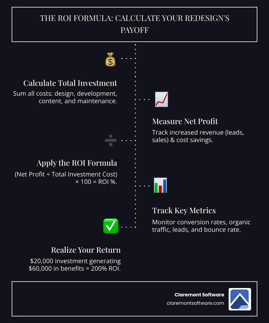 Infographic showing the website redesign ROI calculation process: Step 1 - Calculate total investment including design, development, content and maintenance costs. Step 2 - Measure net profit from increased revenue (higher conversion rates, more leads, improved average order value) plus cost savings (reduced staff time, lower hosting costs, fewer support tickets). Step 3 - Apply ROI formula: Net Profit divided by Total Investment Cost multiplied by 100 equals ROI percentage. Step 4 - Track key metrics including conversion rate changes, organic traffic growth, lead volume increases, bounce rate reduction, and customer lifetime value improvements. Example calculation shown: $20,000 investment generating $60,000 in benefits equals 200% ROI. - website redesign ROI infographic infographic-line-5-steps-dark