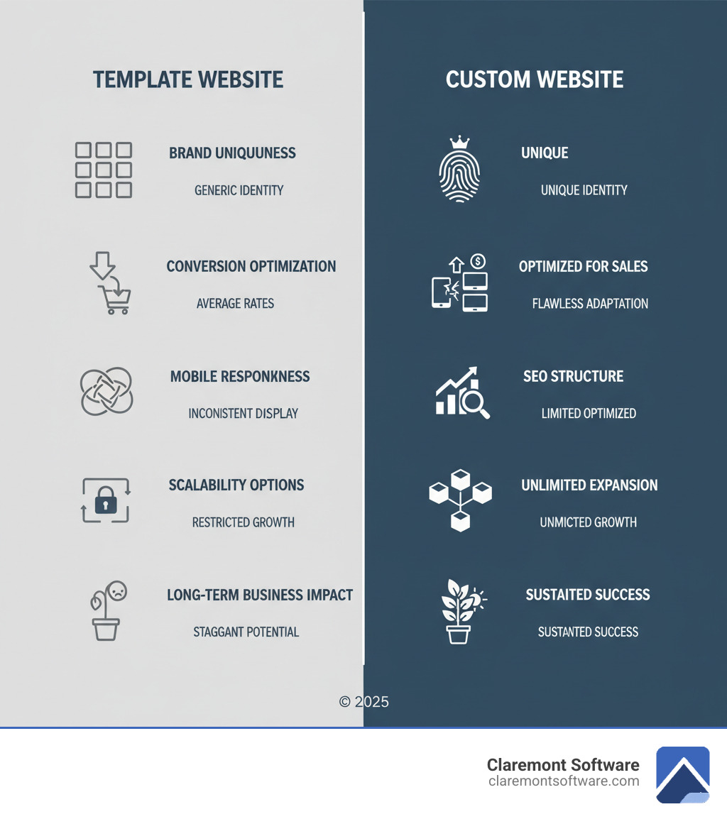 infographic showing side-by-side comparison of template website versus custom website, highlighting differences in brand uniqueness, conversion optimization, mobile responsiveness, SEO structure, scalability options, and long-term business impact - custom websites for small businesses infographic 