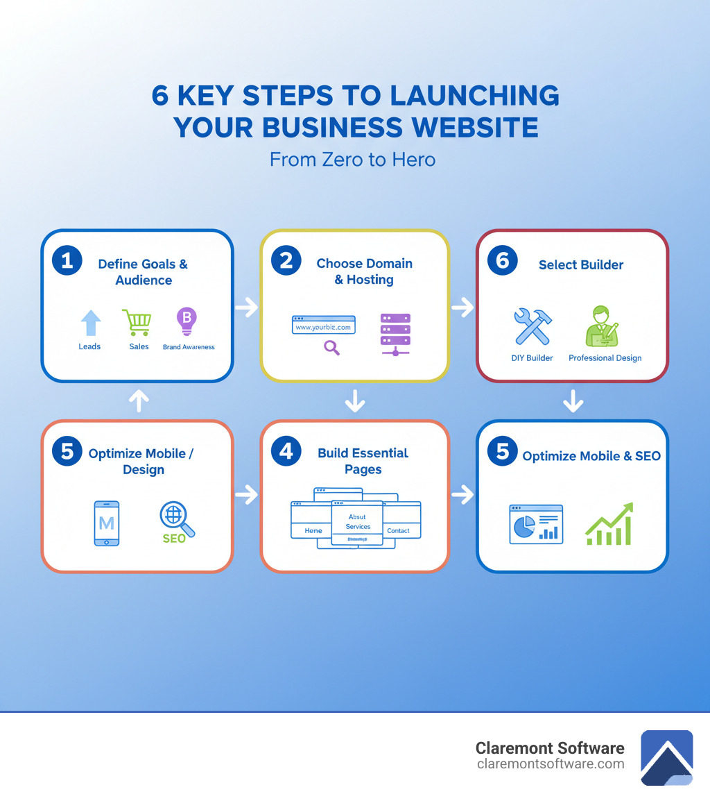 infographic showing the 6 key steps to launching a small business website: 1) Define goals and target audience with icons for leads, sales, and brand awareness, 2) Choose domain name and hosting with domain URL and server icons, 3) Select DIY builder or professional design with tools and designer icons, 4) Build essential pages including Home, About, Services, and Contact with page mockups, 5) Optimize for mobile and SEO with smartphone and search engine icons, 6) Launch and track performance with analytics dashboard and growth chart - small business web page design infographic 