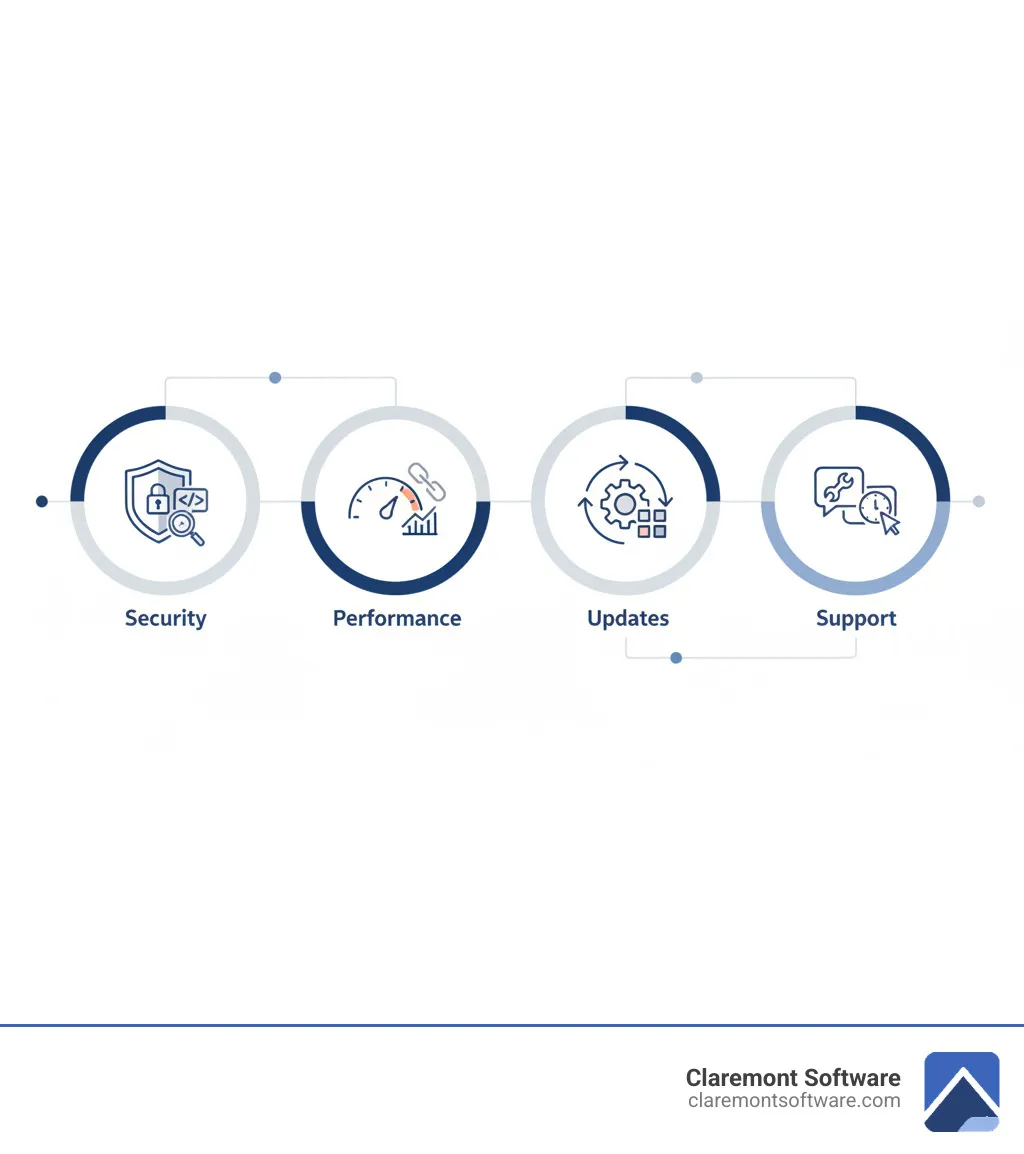 Infographic showing the four pillars of website maintenance: Security (malware scans, firewalls, patches), Performance (speed optimization, uptime monitoring, broken links), Updates (CMS core, plugins, themes), and Support (included hours, content changes, troubleshooting) - monthly website maintenance packages infographic Infographic showing the four pillars of website maintenance: Security (malware scans, firewalls, patches), Performance (speed optimization, uptime monitoring, broken links), Updates (CMS core, plugins, themes), and Support (included hours, content changes, troubleshooting) - monthly website maintenance packages infographic