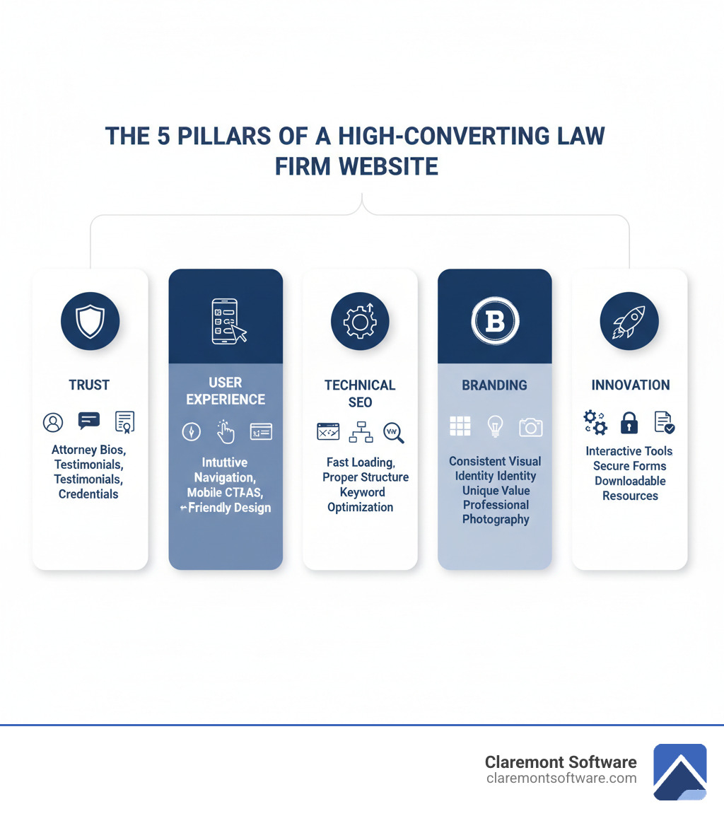 Infographic showing the 5 pillars of a high-converting law firm website: Trust (attorney bios, testimonials, credentials), User Experience (intuitive navigation, clear CTAs, mobile-friendly design), Technical SEO (fast loading, proper site structure, keyword optimization), Branding (consistent visual identity, unique value proposition, professional photography), and Innovation (interactive tools, secure forms, downloadable resources) - websites for lawyers infographic Infographic showing the 5 pillars of a high-converting law firm website: Trust (attorney bios, testimonials, credentials), User Experience (intuitive navigation, clear CTAs, mobile-friendly design), Technical SEO (fast loading, proper site structure, keyword optimization), Branding (consistent visual identity, unique value proposition, professional photography), and Innovation (interactive tools, secure forms, downloadable resources) - websites for lawyers infographic