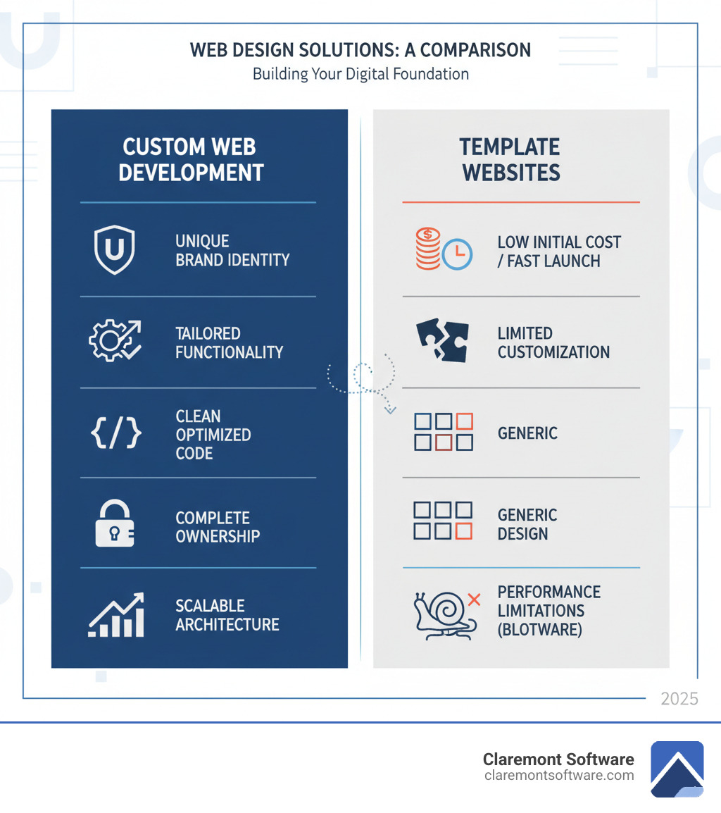 Infographic comparing custom web development versus template websites across key factors: custom development offers unique brand identity, tailored functionality, clean optimized code, complete ownership, and scalable architecture; template websites provide low initial cost, fast launch, limited customization, generic design, and performance limitations from bloatware - custom web development infographic 