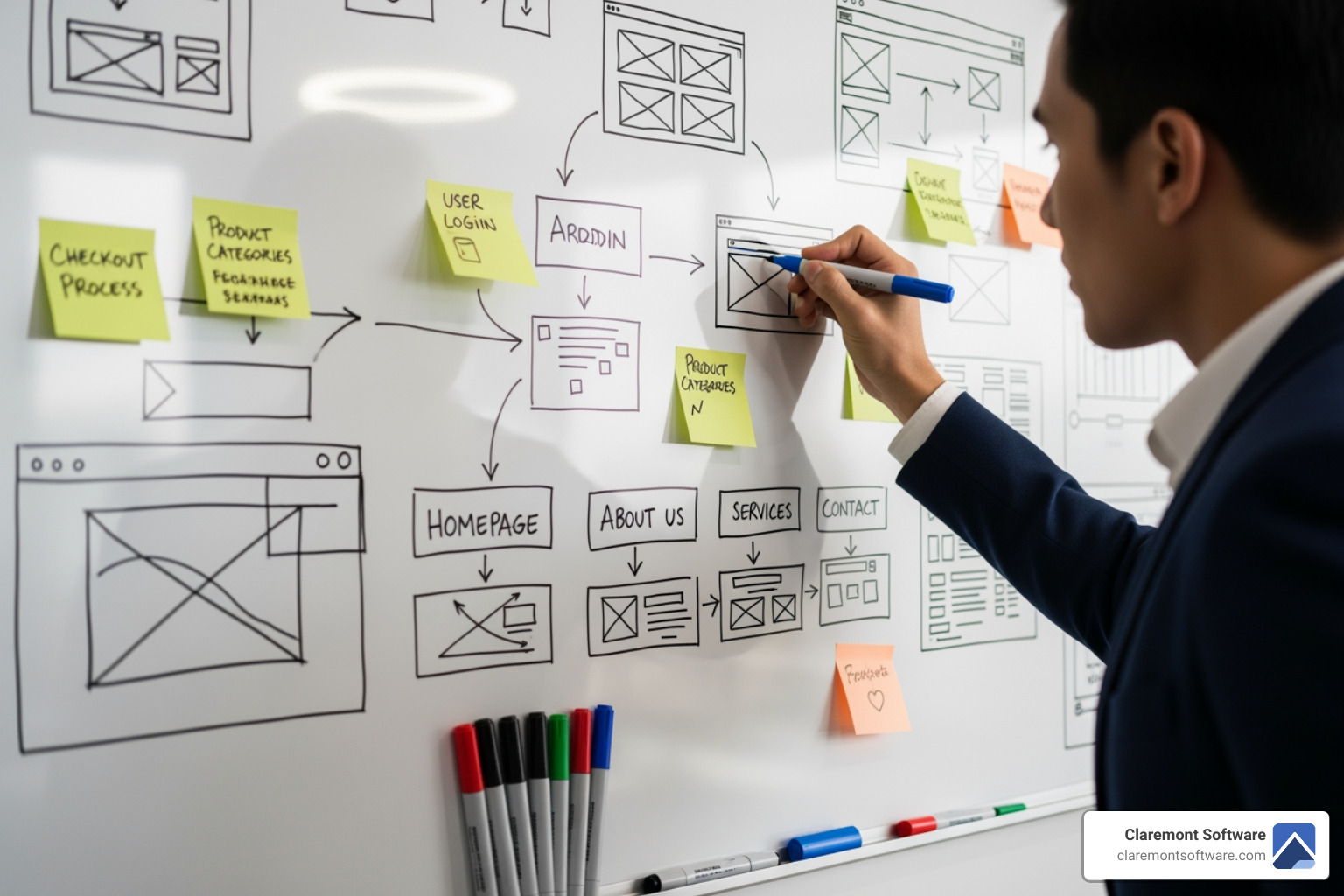 person storyboarding a website layout on a whiteboard - small business web page design