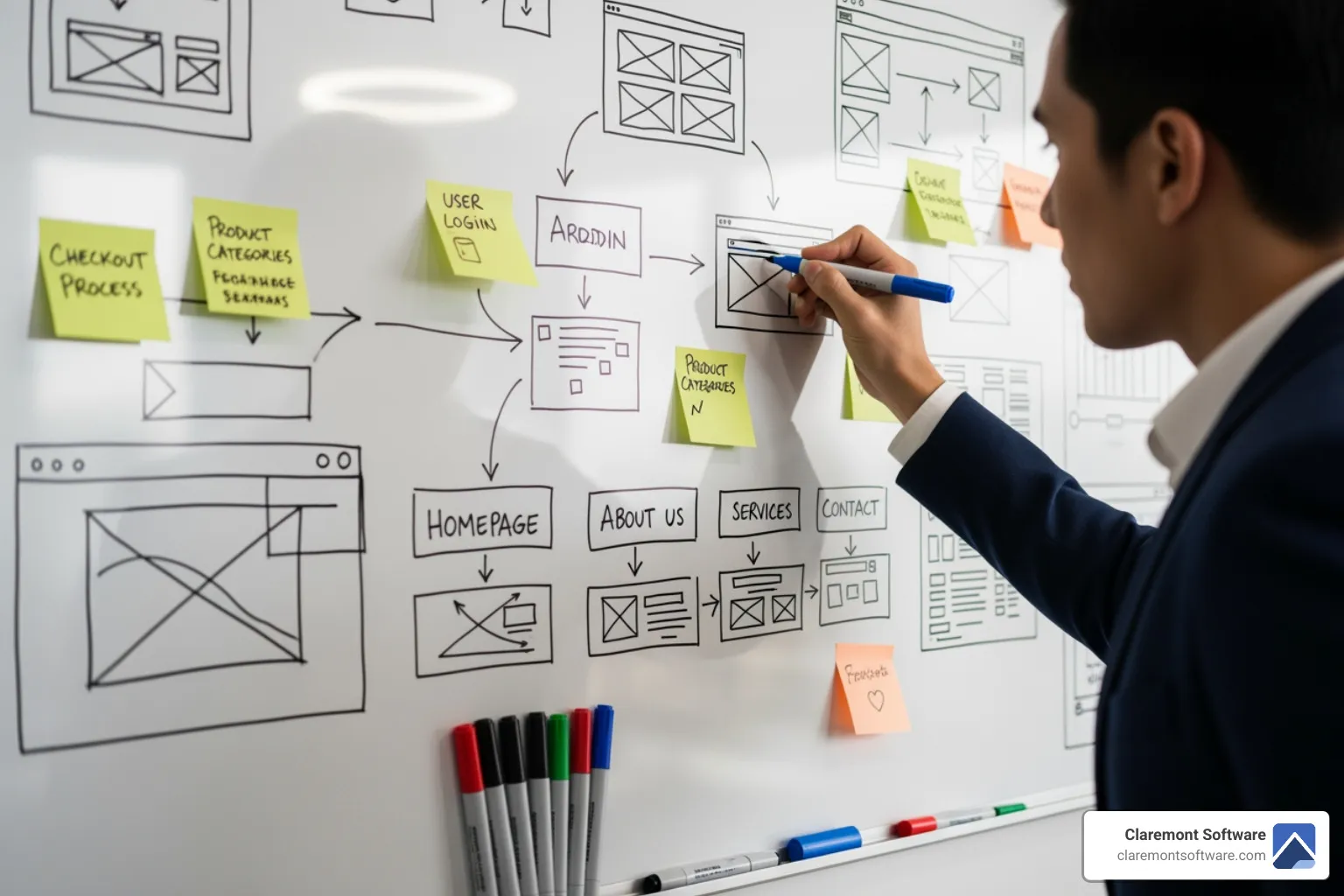 person storyboarding a website layout on a whiteboard - small business web page design person storyboarding a website layout on a whiteboard - small business web page design