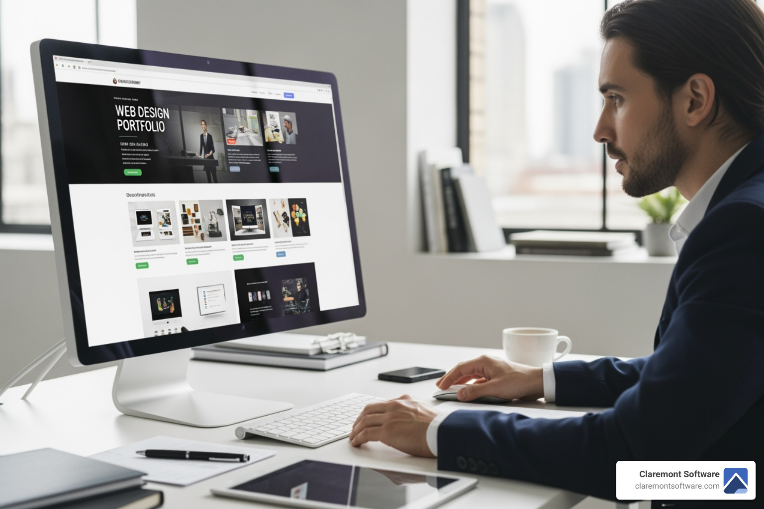 person reviewing a web design company's portfolio on a computer - hiring a professional website development company person reviewing a web design company's portfolio on a computer - hiring a professional website development company