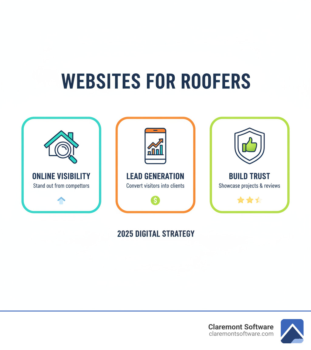 Infographic showing the three key pillars of successful roofing websites: SEO (including local keywords, fast load speeds, and mobile optimization), User Experience (featuring simple navigation, accessibility, and clear layout), and Conversion (with strong CTAs, trust badges, testimonials, and project galleries) - websites for roofers infographic infographic-line-3-steps-elegant_beige