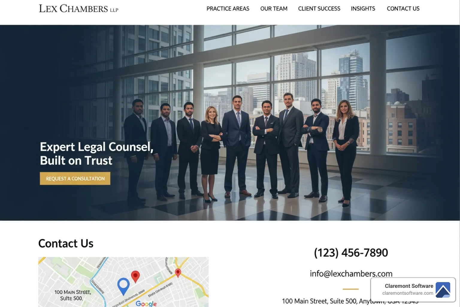 A clean and easy-to-navigate law firm homepage layout with clear navigation, prominent contact information, and a professional hero image. - websites for lawyers A clean and easy-to-navigate law firm homepage layout with clear navigation, prominent contact information, and a professional hero image. - websites for lawyers