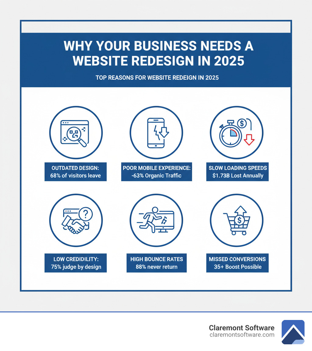 Infographic showing the top reasons businesses need website redesign in 2025: outdated design costing 68% of visitors, poor mobile experience losing 63% of organic traffic, slow loading speeds hemorrhaging $1.73B annually, low credibility with 75% judging based on design, high bounce rates with 88% never returning after bad experience, and missed conversions with average 35%+ boost possible after redesign - website redesign services infographic 