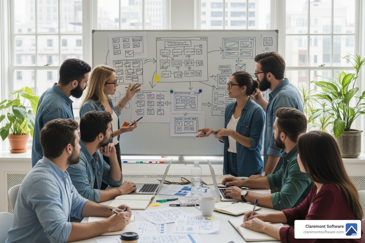 team collaborating around a whiteboard with website wireframes - hiring a professional website development company team collaborating around a whiteboard with website wireframes - hiring a professional website development company