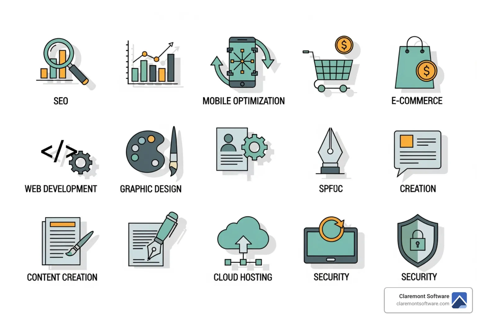 Icons representing different web design services like SEO services, mobile design, and e-commerce - web design Gurnee
