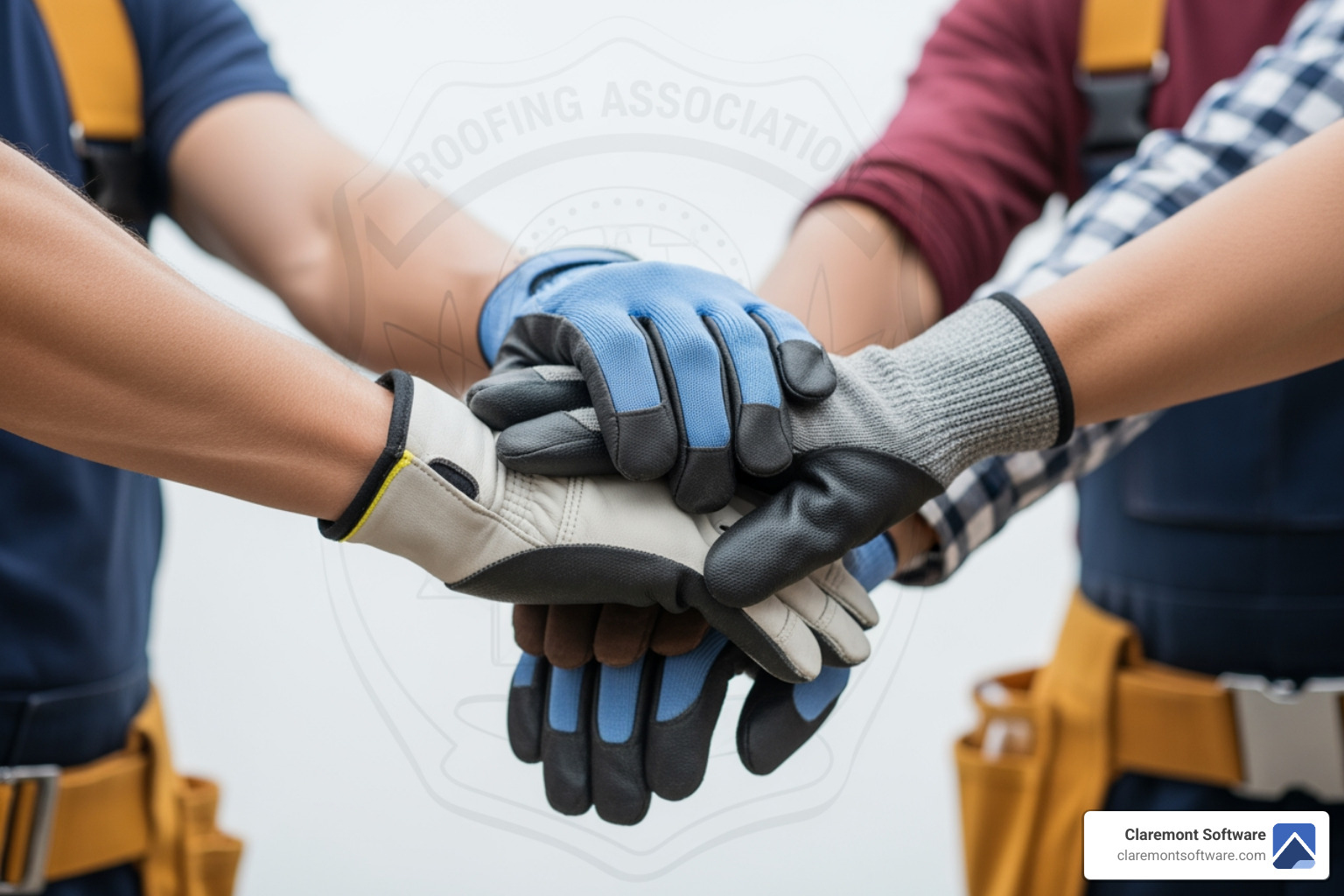 a close-up image of a roofing team's hands clasped together, symbolizing teamwork and professionalism, with a certification badge subtly visible in the background - roofing company website design