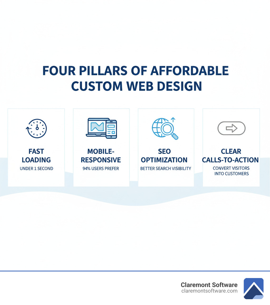 infographic showing the four pillars of affordable custom web design: fast loading speeds (under 1 second), mobile-responsive design (94% of users prefer responsive layouts), SEO optimization (for better search visibility), and clear calls-to-action (to convert visitors into customers) - Affordable custom web design infographic 