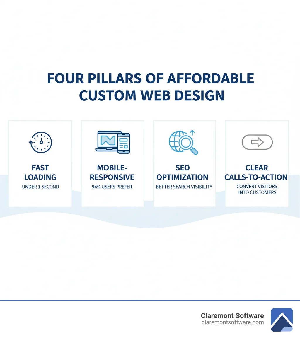 infographic showing the four pillars of affordable custom web design: fast loading speeds (under 1 second), mobile-responsive design (94% of users prefer responsive layouts), SEO optimization (for better search visibility), and clear calls-to-action (to convert visitors into customers) - Affordable custom web design infographic infographic showing the four pillars of affordable custom web design: fast loading speeds (under 1 second), mobile-responsive design (94% of users prefer responsive layouts), SEO optimization (for better search visibility), and clear calls-to-action (to convert visitors into customers) - Affordable custom web design infographic