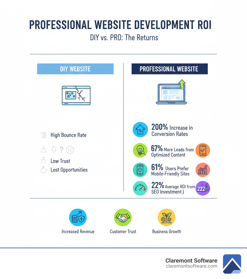 infographic showing the ROI of professional website development: displays a comparison between DIY websites versus professionally developed sites, including metrics like 200% increase in conversion rates, 67% more leads from optimized content, 61% of users preferring mobile-friendly sites, 22% lower bounce rate for fast-loading sites, and average ROI of 222% from SEO investment, with visual icons representing increased revenue, customer trust, and business growth - hiring a professional website development company infographic infographic showing the ROI of professional website development: displays a comparison between DIY websites versus professionally developed sites, including metrics like 200% increase in conversion rates, 67% more leads from optimized content, 61% of users preferring mobile-friendly sites, 22% lower bounce rate for fast-loading sites, and average ROI of 222% from SEO investment, with visual icons representing increased revenue, customer trust, and business growth - hiring a professional website development company infographic