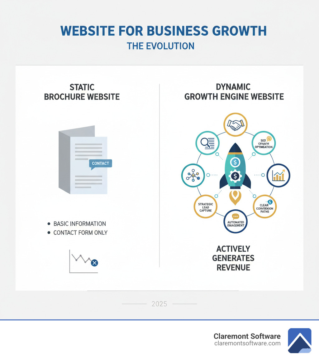 Infographic comparing a static brochure website versus a dynamic growth engine website, showing key differences: Brochure site has basic information and contact form only, while Growth Engine includes strategic lead capture, SEO optimization, CRM integration, automated engagement, performance analytics, and clear conversion paths that actively generate revenue - website for business growth infographic 