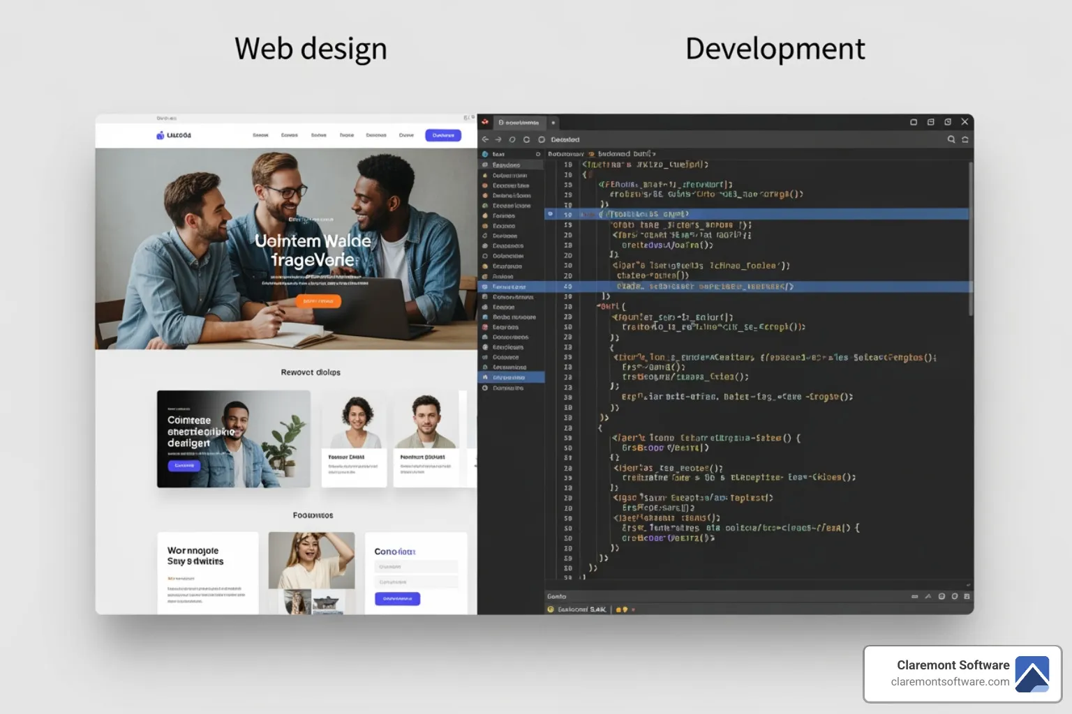 split-screen showing a creative design layout on one side and lines of code on the other - professional website design & development company in Illinois