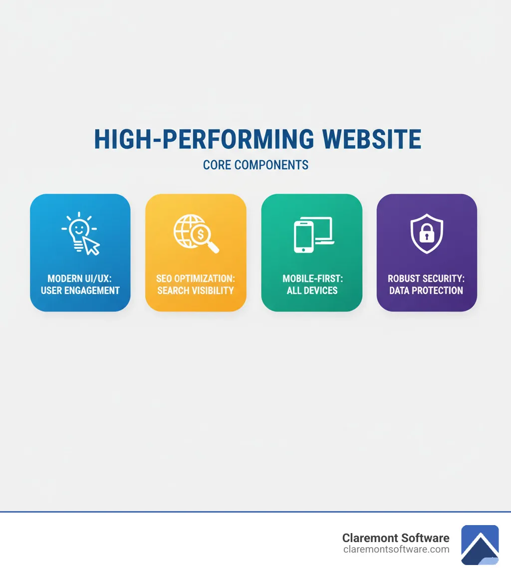 infographic showing the four core components of a high-performing website: modern UI/UX design for user engagement, SEO services optimization for search visibility, mobile-first responsive layout for all devices, and robust security for data protection - professional website design & development company in Illinois infographic 