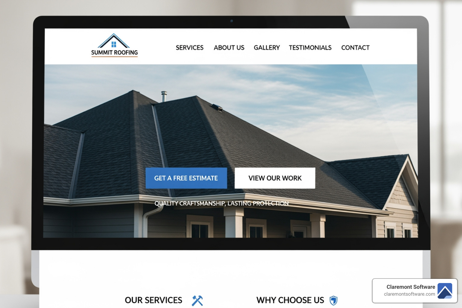 A visually striking roofing website homepage showcasing a modern, clean design with high-quality imagery of a completed roof project, clear navigation, and prominent call-to-action buttons. - websites for roofers