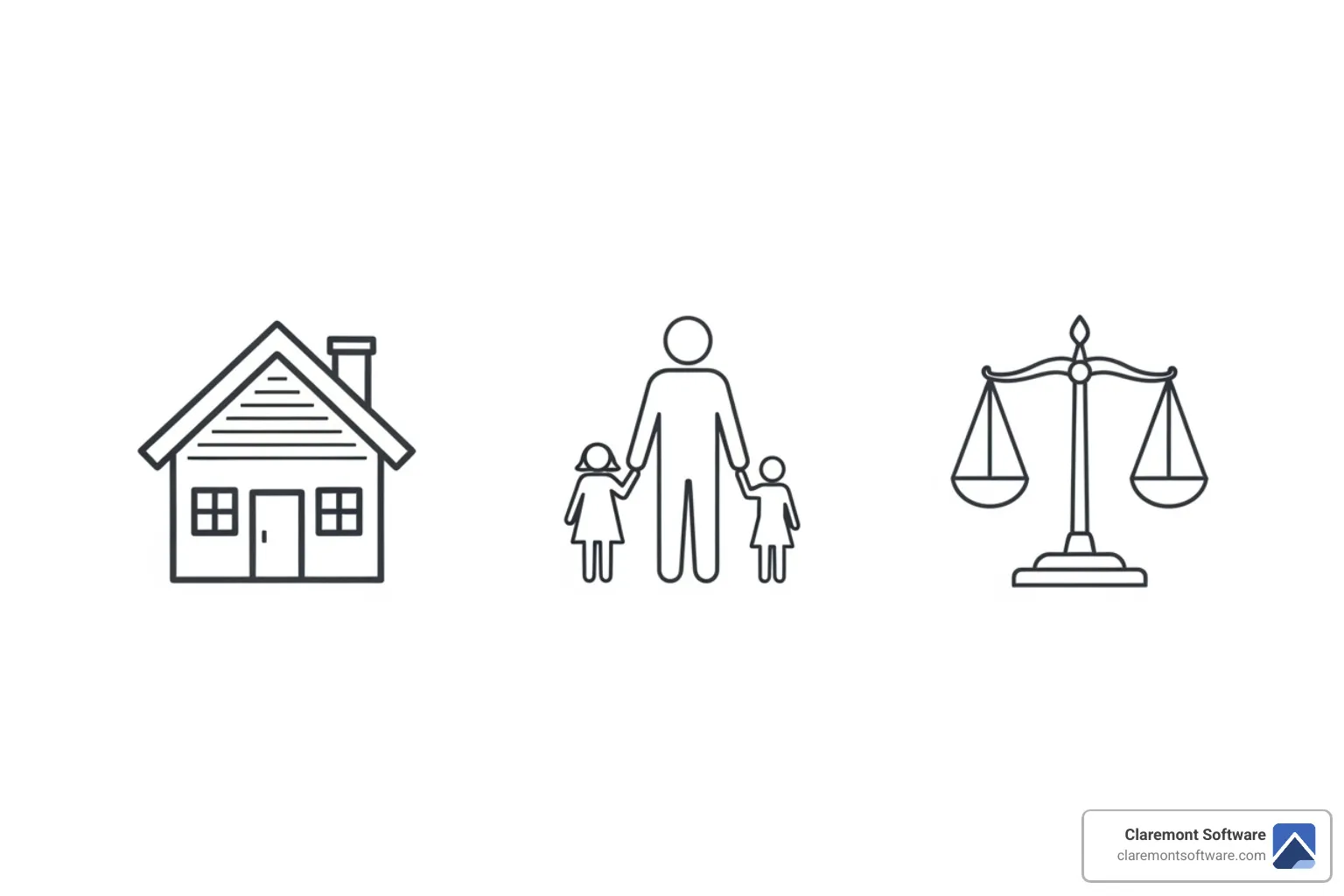 Icons representing different law practice areas: a house (real estate), a family silhouette (family law), and scales of justice (criminal/civil law) - websites built for lawyers in Libertyville