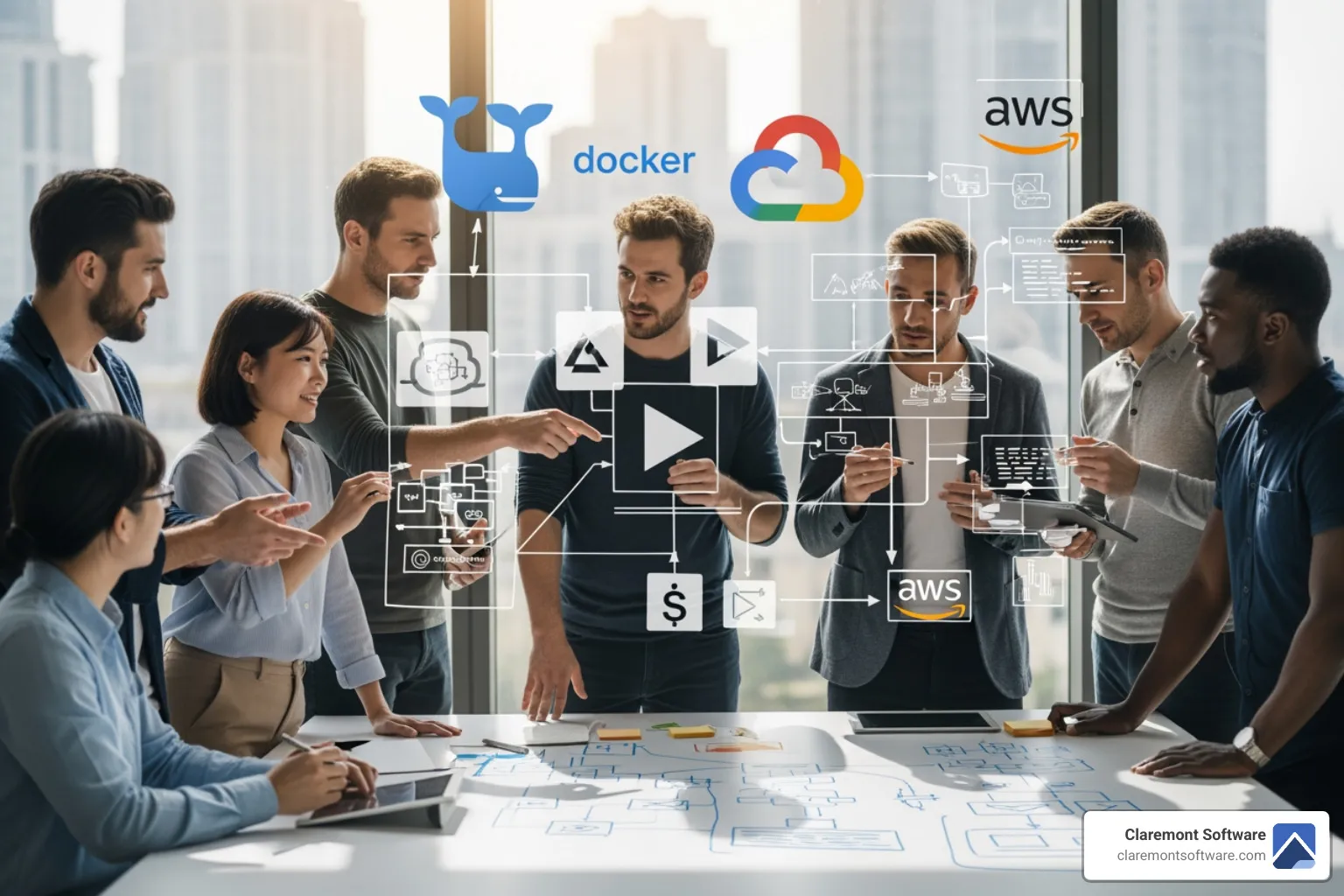 Development team collaborating around a whiteboard with modern tech logos - The Best Mobile App Development Companies in Illinois Development team collaborating around a whiteboard with modern tech logos - The Best Mobile App Development Companies in Illinois