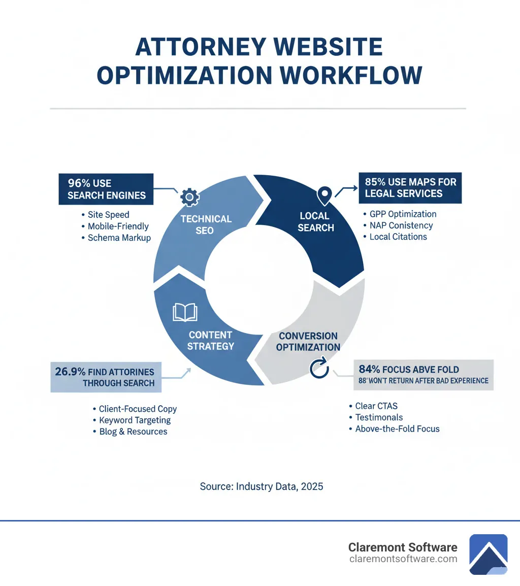 attorney website optimization tips infographic showing the complete optimization workflow from technical SEO to local search to content strategy to conversion optimization, with key metrics: 84% focus above fold, 96% use search engines, 85% use maps for legal services, 88% won't return after bad experience, and 26.9% find attorneys through search - attorney website optimization tips infographic 