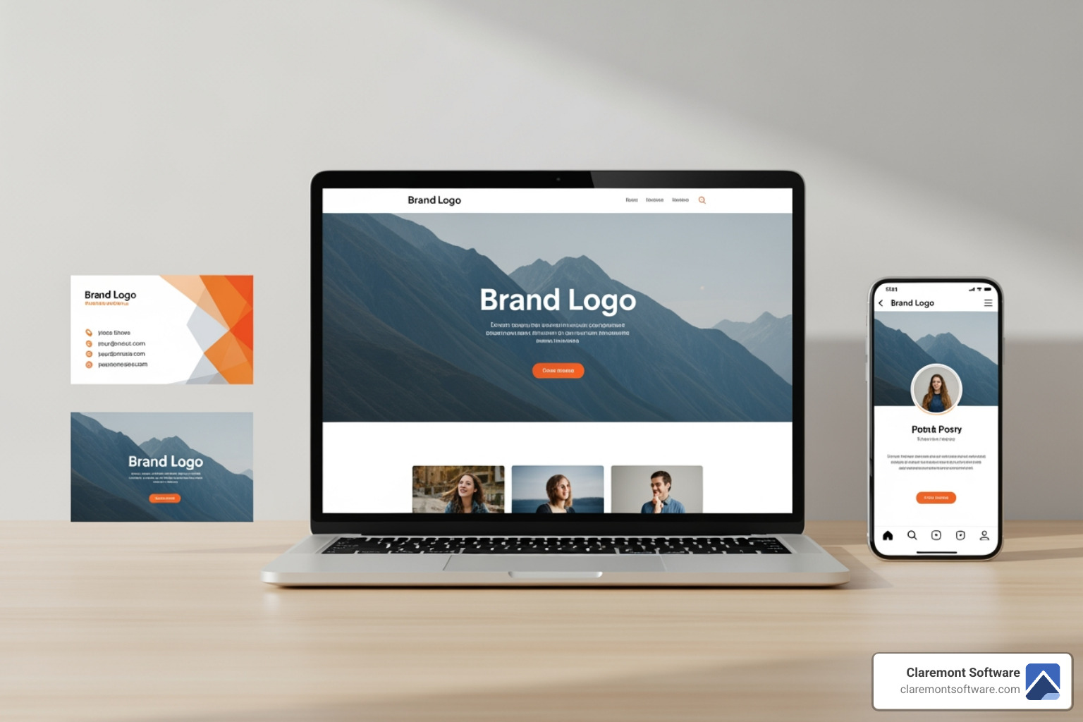 Consistent visual identity across a website, business card, and social media - custom web design company
