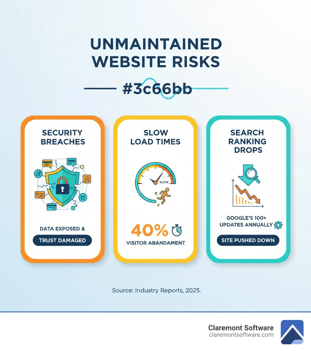 Infographic showing the top 3 risks of an unmaintained website: security breaches exposing customer data and damaging trust, slow load times causing 40% visitor abandonment, and search ranking drops from Google's 100+ annual algorithm updates pushing your site down in results - seo care plan infographic 