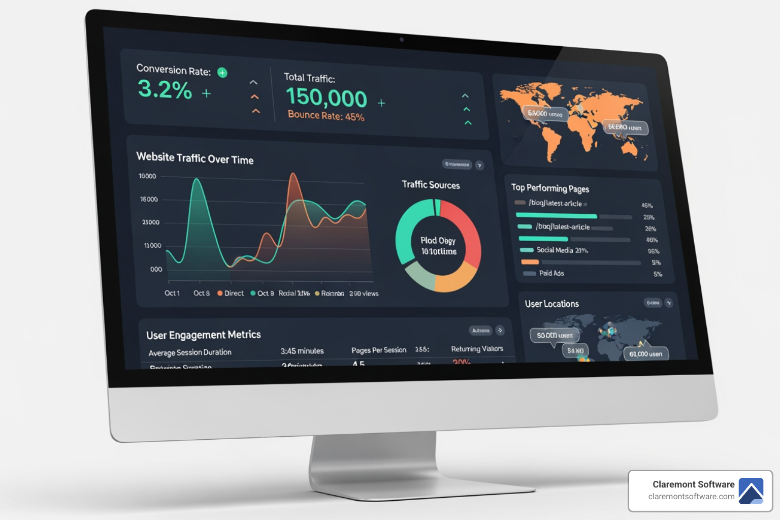 Dashboard showing website analytics with conversion rates, traffic sources, and user engagement metrics - website for business growth