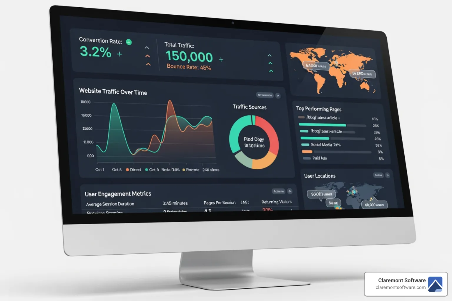 Dashboard showing website analytics with conversion rates, traffic sources, and user engagement metrics - website for business growth